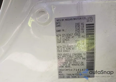 2018 Nissan Rogue S z USA, uszkodzony, nr VIN 5N1AT2MT5JC714147